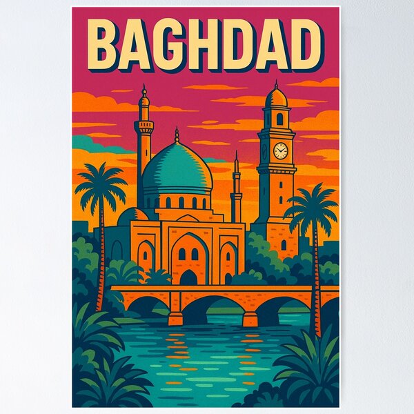 Item preview, Retro Pop Art Travel Poster of Baghdad | Vibrant Digital Cityscape Illustration | Iconic Baghdad Landmarks Design | Nostalgic Middle Eastern Travel Art | Colorful Vintage Style designed and sold by PaintedPixels01.