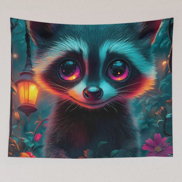Item preview, Animal Cute Pond Adorable Raccoon Big Eyes Enchanted Forest Night Lanterns Flowers designed and sold by telchimabukar.
