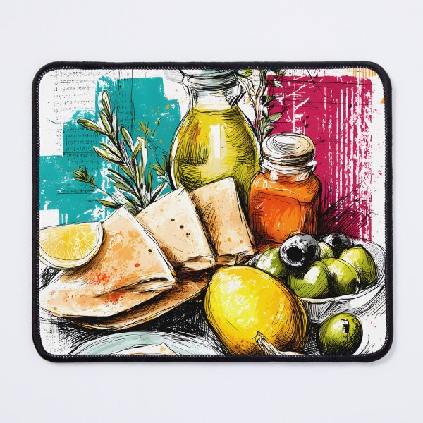 Item preview, Mediterranean Delights- Hummus, Pita, Olives, and Vibrant Flavors Abstract Digital AI Art designed and sold by OlfactoART Studio.