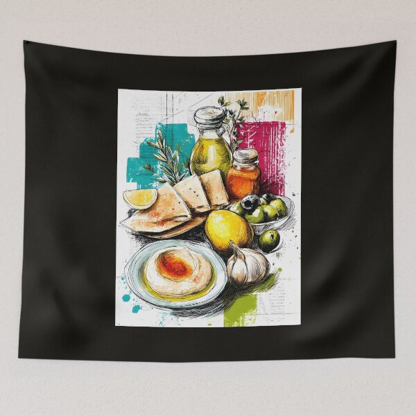 Item preview, Mediterranean Delights- Hummus, Pita, Olives, and Vibrant Flavors Abstract Digital AI Art designed and sold by OlfactoART Studio.