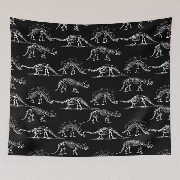 Item preview, Dinosaur motif with black background skeleton of stegosaurus brontosaurus and triceratops designed and sold by GnosisCollage.