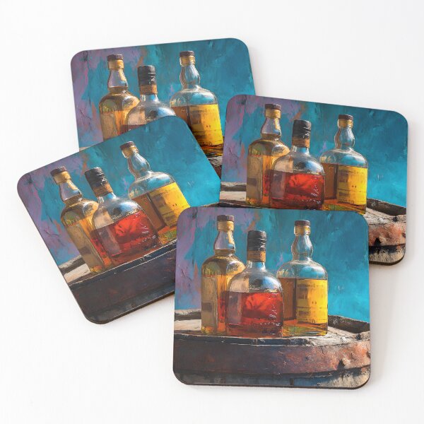 Item preview, Whiskey Trio on Rustic Barrel - Amber and Gold Elegance Against a Bold, Colorful Backdrop designed and sold by OlfactoART Studio.