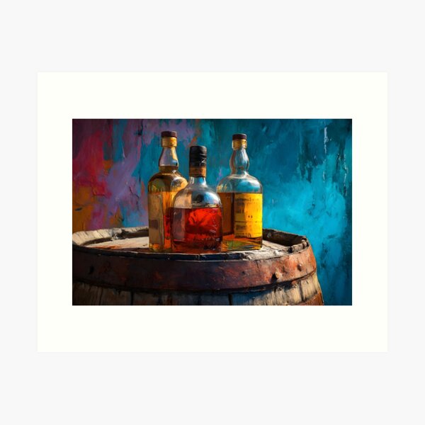 Item preview, Whiskey Trio on Rustic Barrel - Amber and Gold Elegance Against a Bold, Colorful Backdrop designed and sold by OlfactoART Studio.