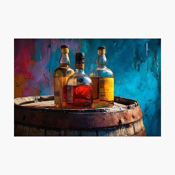 Item preview, Whiskey Trio on Rustic Barrel - Amber and Gold Elegance Against a Bold, Colorful Backdrop designed and sold by OlfactoART Studio.