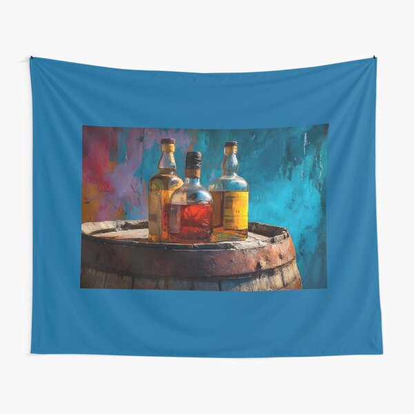 Item preview, Whiskey Trio on Rustic Barrel - Amber and Gold Elegance Against a Bold, Colorful Backdrop designed and sold by OlfactoART Studio.