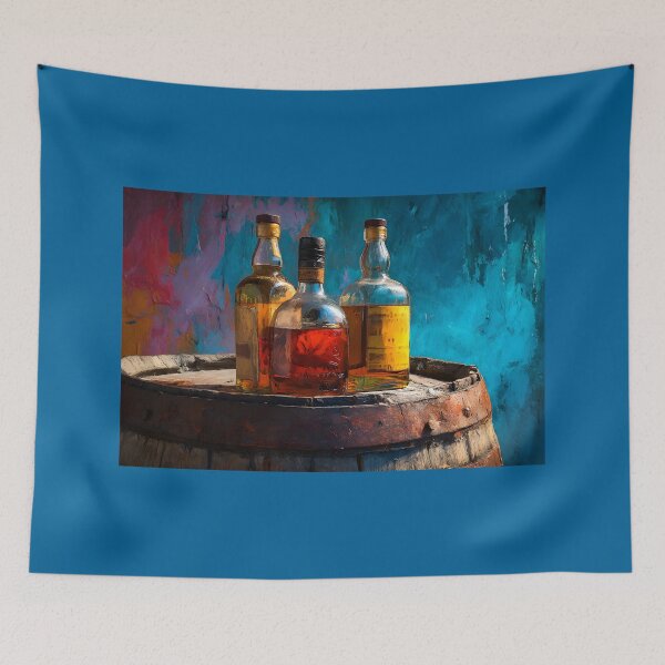 Item preview, Whiskey Trio on Rustic Barrel - Amber and Gold Elegance Against a Bold, Colorful Backdrop designed and sold by OlfactoART Studio.