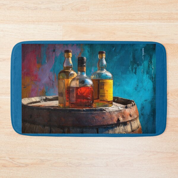 Item preview, Whiskey Trio on Rustic Barrel - Amber and Gold Elegance Against a Bold, Colorful Backdrop designed and sold by OlfactoART Studio.