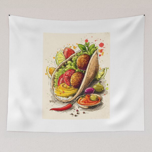 Item preview, Vibrant Sketch- Style Depiction of Falafel Pita Sandwich with Fresh Ingredients and Zesty Accents designed and sold by OlfactoART Studio.