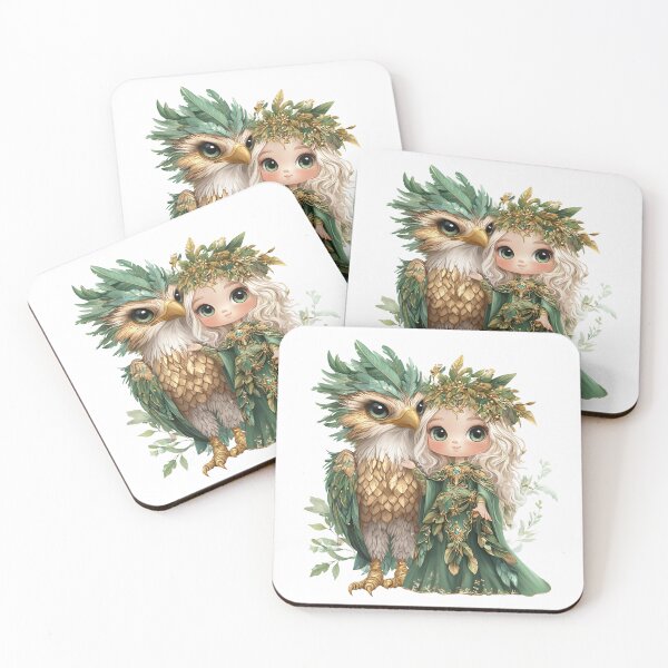 Item preview, Сhibi Enchanted Forest Girl with Majestic Owl Companion in Green and Gold designed and sold by Anastasiia Yurevych.
