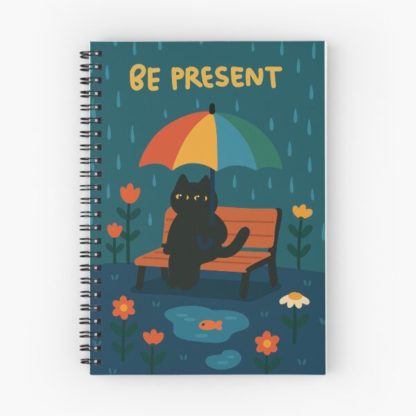 Aperçu de l'œuvre Chat noir attentif observant un poisson dans une flaque d'eau | Art inspirant de la pluie « Soyez présent » créée et vendue par digifylab.