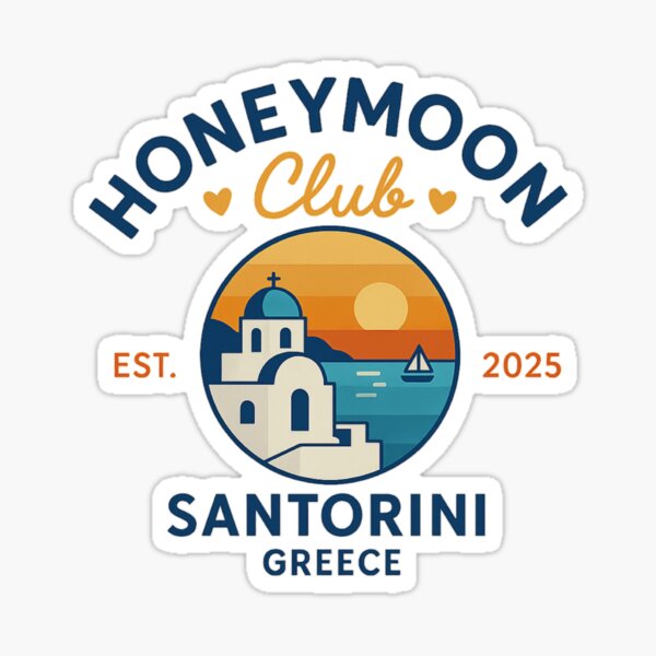 Item preview, Honeymoon Club Santorini Greece – Romantic Sunset Design with est. 2025 for Couples, Mediterranean Travel & Just Married Vibes designed and sold by Memorph.