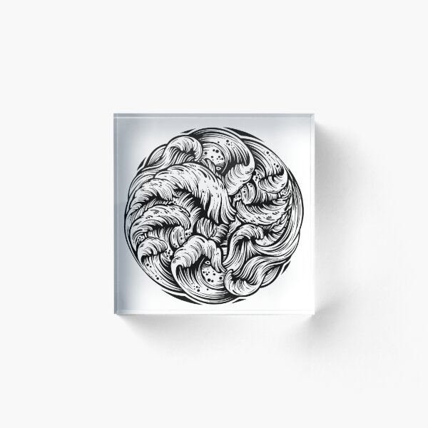 Hand drawn water waves in the sea line art drawing. Acrylic Block