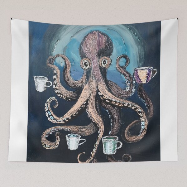 Item preview, funny octopus drinking multiple cups of coffee designed and sold by Boxing Kangaroo Retail Company.