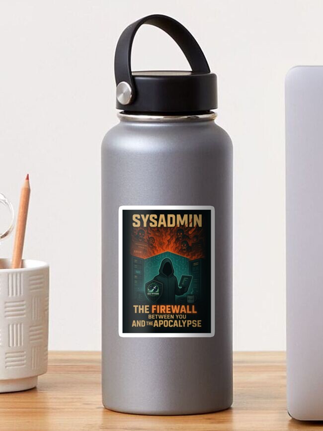 Thumbnail 1 of 3, Sticker, SysAdmin: The Firewall between you and the Apocalypse designed and sold by DataVoyagers.