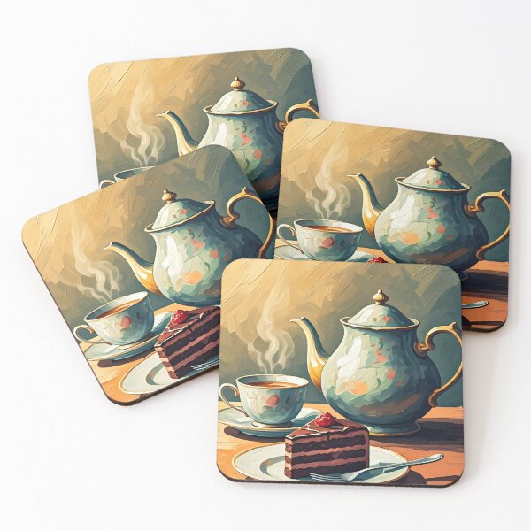 Item preview, Tea & Cake – Vintage 1950s-Style Poster with Teapot, Teacup and Chocolate Cake Illustration designed and sold by MooLaLa.Store.