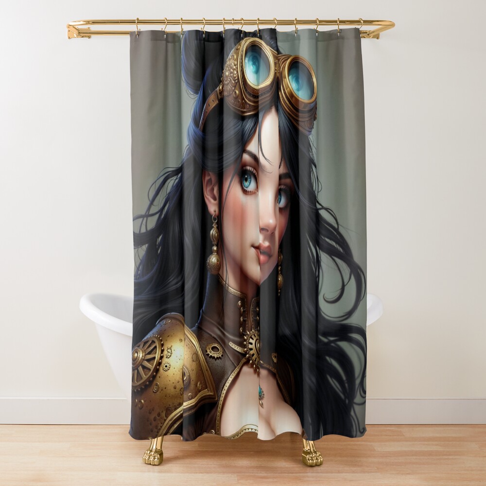 The Mechanical Allure Of Vailin Talowen Steampunk Portrait Bewitching AI Concept Art by Xzendor7 Decorative Art Print Shower Curtain