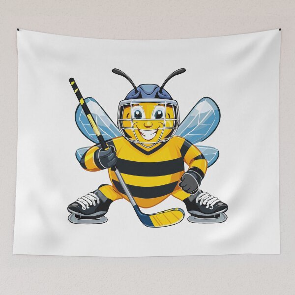 Item preview, European honey bee (Apis mellifera), cartoon cute happy bee hockey player playing sport, bee Ice hockey goalie skating and shooting the puck designed and sold by Danler.