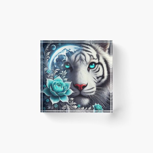 Item preview, White Tiger and Moonlight Montage – Floral Animal Portrait designed and sold by EmeraldeaArt.