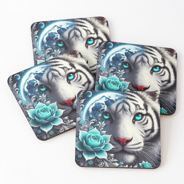 Item preview, White Tiger and Moonlight Montage – Floral Animal Portrait designed and sold by EmeraldeaArt.