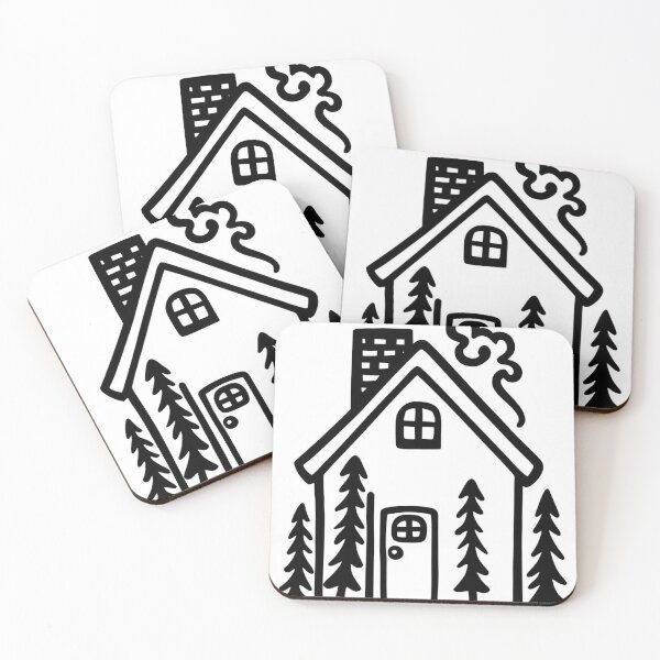 Item preview, Hand-Drawn Cabin in Pine Forest – Black and White Line Art Illustration designed and sold by echowood26.