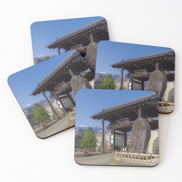 Item preview, Traditional Sanmon Gate and Engraved Stone at Jisso-ji Temple, Yamanashi, Japan – Cherry Blossoms and Mountain Backdrop designed and sold by Pix4Japan.