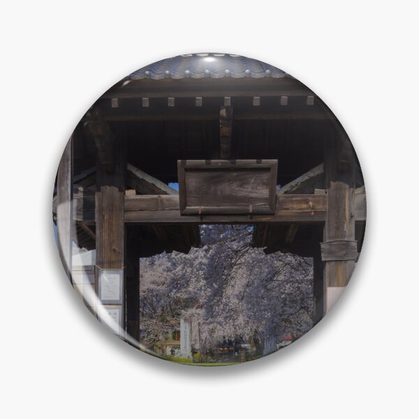 Item preview, Traditional Sanmon Gate and Engraved Stone at Jisso-ji Temple, Yamanashi, Japan – Cherry Blossoms and Mountain Backdrop designed and sold by Pix4Japan.