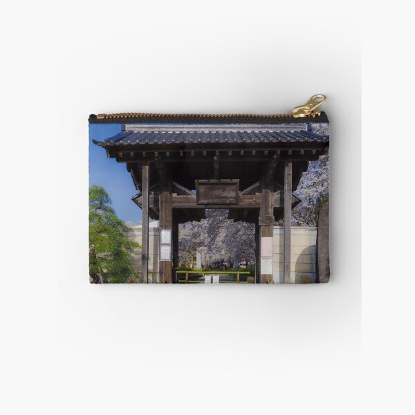 Item preview, Traditional Sanmon Gate and Engraved Stone at Jisso-ji Temple, Yamanashi, Japan – Cherry Blossoms and Mountain Backdrop designed and sold by Pix4Japan.
