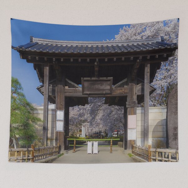 Item preview, Traditional Sanmon Gate and Engraved Stone at Jisso-ji Temple, Yamanashi, Japan – Cherry Blossoms and Mountain Backdrop designed and sold by Pix4Japan.