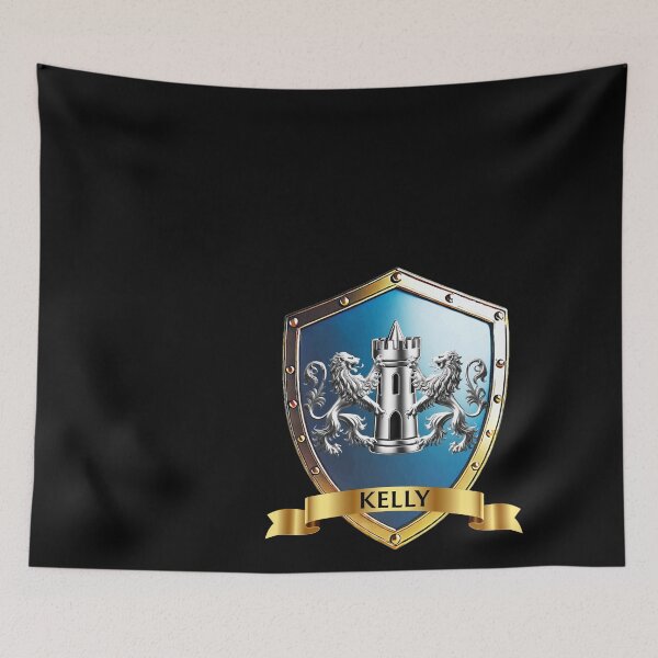 Item preview, Kelly Family Shield Twin Lions and Tower with Proud Name Banner designed and sold by Highlandkings.