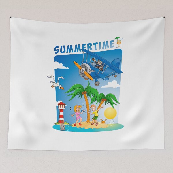 Item preview, Summertime, a boy and a girl singing and dancing on an island with two palm trees. designed and sold by Stef Ringoot, cartoons and illustrations.