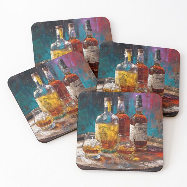 Item preview, Whiskey Bottles and Glasses on Wooden Barrel - Vibrant Multicolored Background Warm Tones designed and sold by OlfactoART Studio.