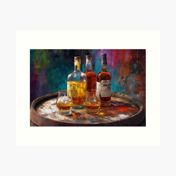 Item preview, Whiskey Bottles and Glasses on Wooden Barrel - Vibrant Multicolored Background Warm Tones designed and sold by OlfactoART Studio.