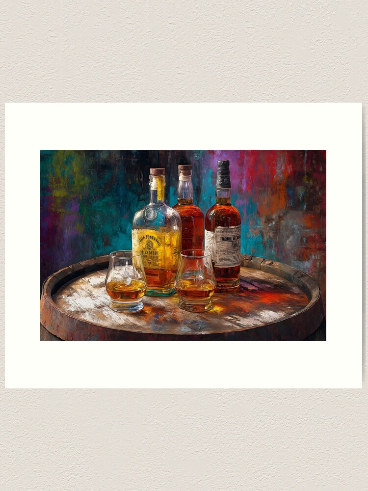 Thumbnail 1 of 3, Art Print, Whiskey Bottles and Glasses on Wooden Barrel - Vibrant Multicolored Background Warm Tones designed and sold by Olfacto-ART.