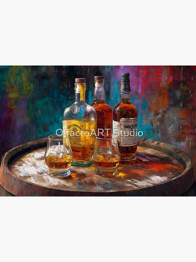 Thumbnail 3 of 3, Art Print, Whiskey Bottles and Glasses on Wooden Barrel - Vibrant Multicolored Background Warm Tones designed and sold by Olfacto-ART.