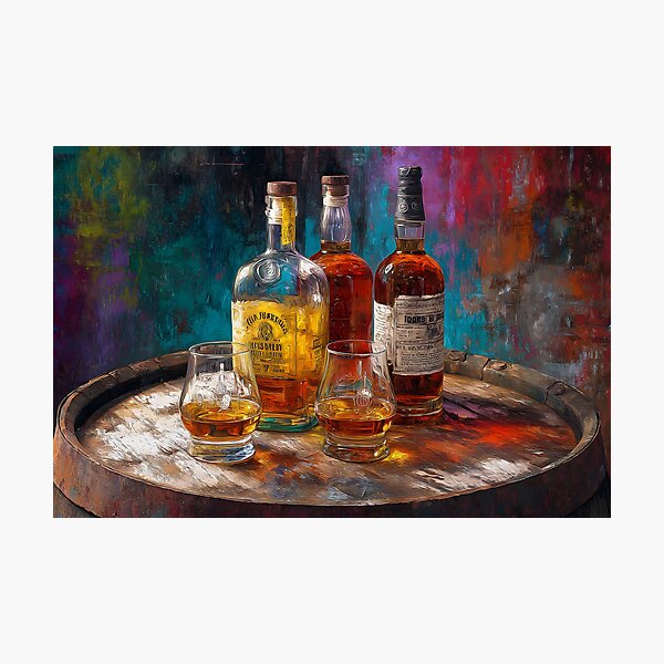 Item preview, Whiskey Bottles and Glasses on Wooden Barrel - Vibrant Multicolored Background Warm Tones designed and sold by OlfactoART Studio.