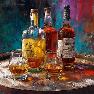 Artwork thumbnail, Whiskey Bottles and Glasses on Wooden Barrel - Vibrant Multicolored Background Warm Tones by OlfactoART Studio