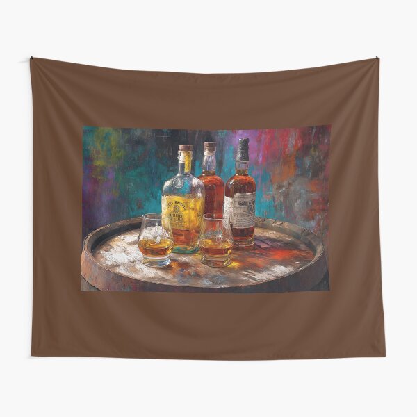 Item preview, Whiskey Bottles and Glasses on Wooden Barrel - Vibrant Multicolored Background Warm Tones designed and sold by OlfactoART Studio.