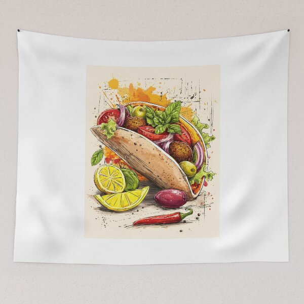 Item preview, Vibrant Crispy Falafel Pita Overflowing with Fresh Ingredients and Lively Accents designed and sold by OlfactoART Studio.