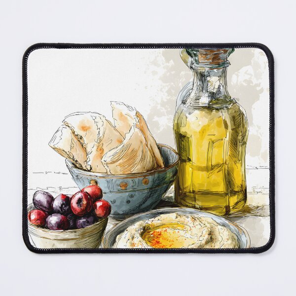 Item preview, Rustic Mediterranean Spread with Creamy Hummus Olive Oil and Assorted Olives - Fresh Flatbread designed and sold by OlfactoART Studio.