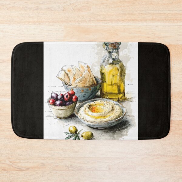Item preview, Rustic Mediterranean Spread with Creamy Hummus Olive Oil and Assorted Olives - Fresh Flatbread designed and sold by OlfactoART Studio.