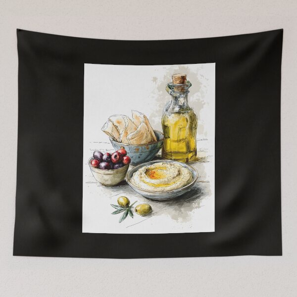 Item preview, Rustic Mediterranean Spread with Creamy Hummus Olive Oil and Assorted Olives - Fresh Flatbread designed and sold by OlfactoART Studio.