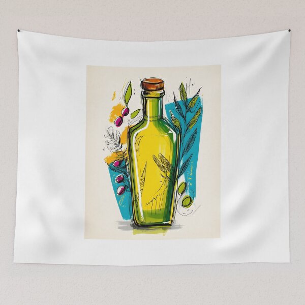 Item preview, Vibrant Green Olive Oil Bottle with Olives and Leaves - Bold Mediterranean Kitchen Art for Foodies designed and sold by OlfactoART Studio.