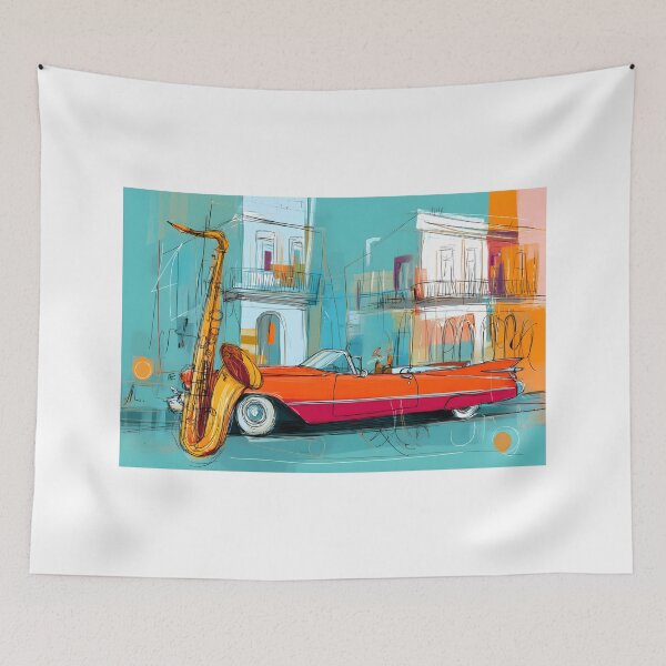 Item preview, Feel the Pulse of Havana - Jazzy Saxophone and Classic Convertible in a Colorful Cityscape designed and sold by OlfactoART Studio.