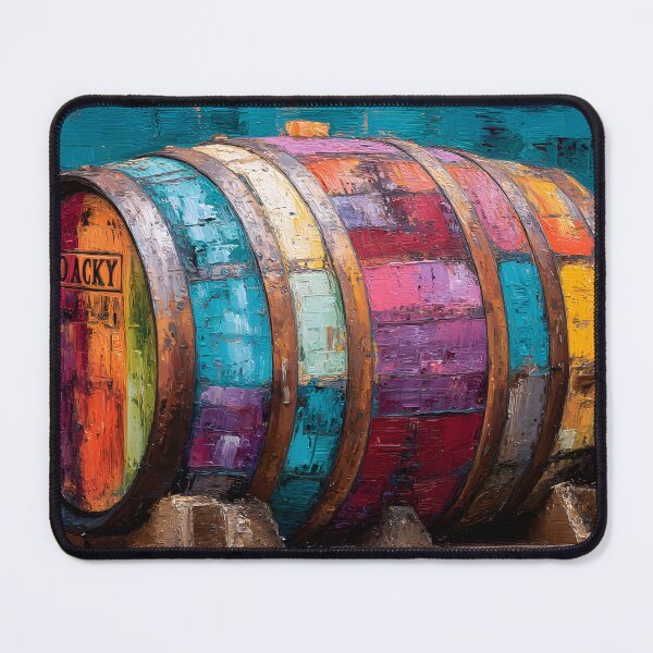 Item preview, Whisky Barrel on Wooden Stand - Bold Hues of Blue, Purple, Yellow, and Red with Intriguing Details designed and sold by OlfactoART Studio.
