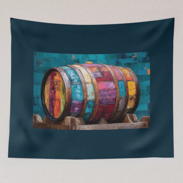 Item preview, Whisky Barrel on Wooden Stand - Bold Hues of Blue, Purple, Yellow, and Red with Intriguing Details designed and sold by OlfactoART Studio.