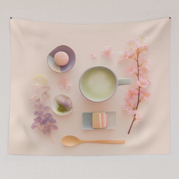 Item preview, Matcha & Sakura Flat Lay – Japanese Minimalist Pastel Art designed and sold by Kawaii Drops .