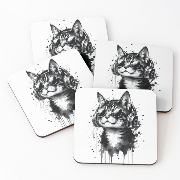 Item preview, Cool Cat with Headphones and Sunglasses - Cute Pets Black and white ink style fluid drips splashes designed and sold by LumiAnCreations.