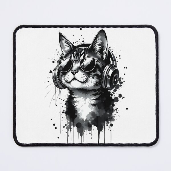 Item preview, Cool Cat with Headphones and Sunglasses - Cute Pets Black and white ink style fluid drips splashes designed and sold by LumiAnCreations.