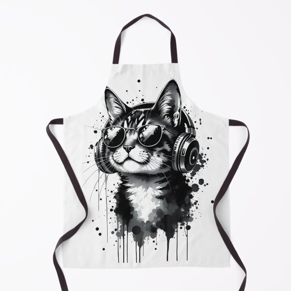 Item preview, Cool Cat with Headphones and Sunglasses - Cute Pets Black and white ink style fluid drips splashes designed and sold by LumiAnCreations.
