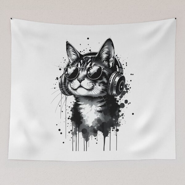 Item preview, Cool Cat with Headphones and Sunglasses - Cute Pets Black and white ink style fluid drips splashes designed and sold by LumiAnCreations.
